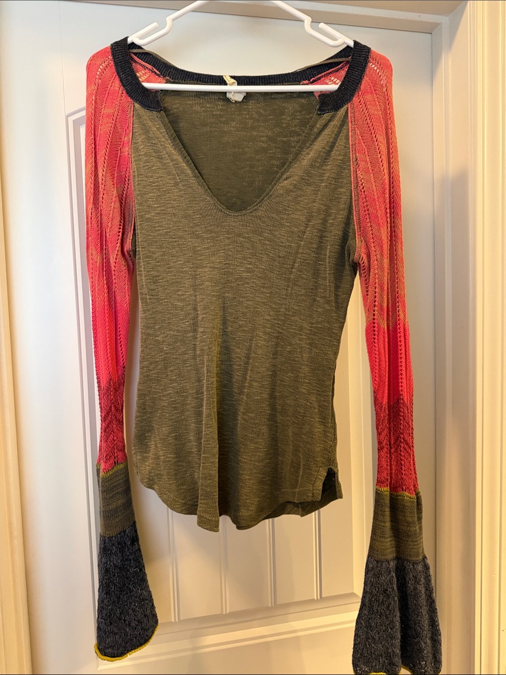 We The Free Olive Green V-Neck Top with Pink Gradient Sleeves